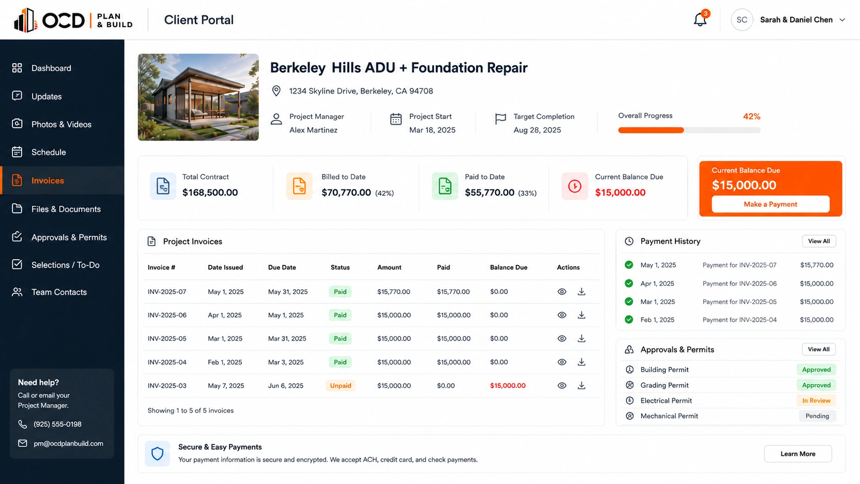 OCD client portal invoices view: project invoices, payment history, contract balance, and permit approvals status