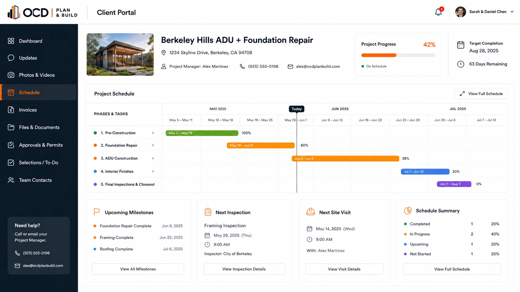 OCD client portal schedule view: project Gantt chart, upcoming milestones, next inspection, and schedule summary