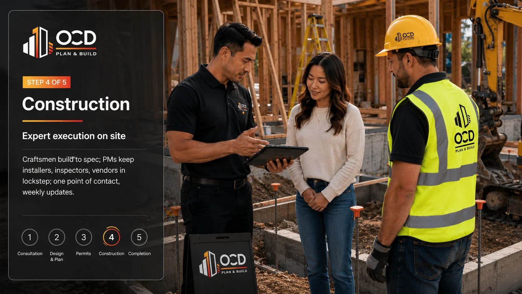 Active construction phase with skilled craftsmen coordinating installers, inspectors, and vendors on site