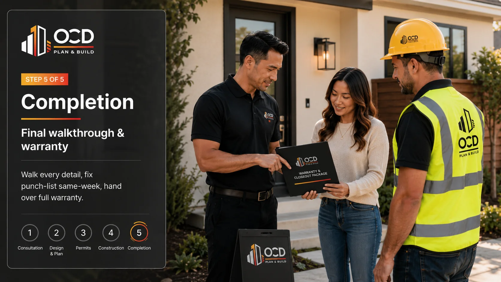 Final walkthrough with the homeowner reviewing finished work and warranty coverage